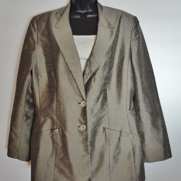 Jacqueline Ferrar Button Down Jacket Size 16 Gray Green Shiny Long Sleeve - Picture 1 of 7